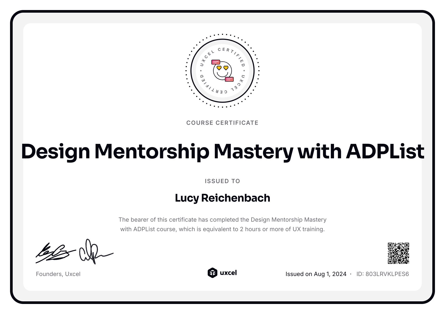 Lucy Reichenbach's certificate
